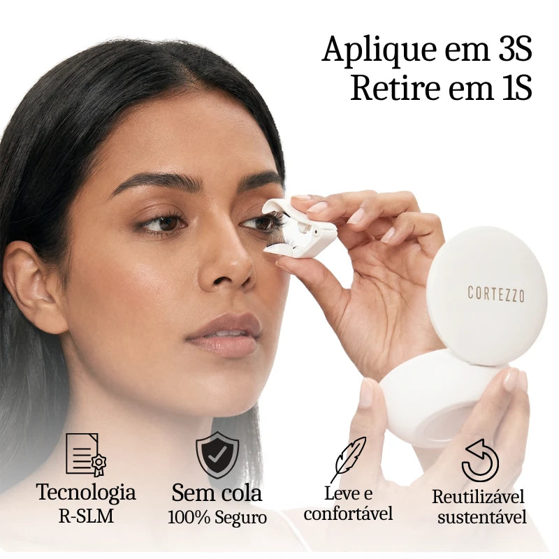 Mulher aplicando cílios magnéticos com tecnologia inovadora, proporcionando uma aplicação fácil, leveza e conforto durante o uso.