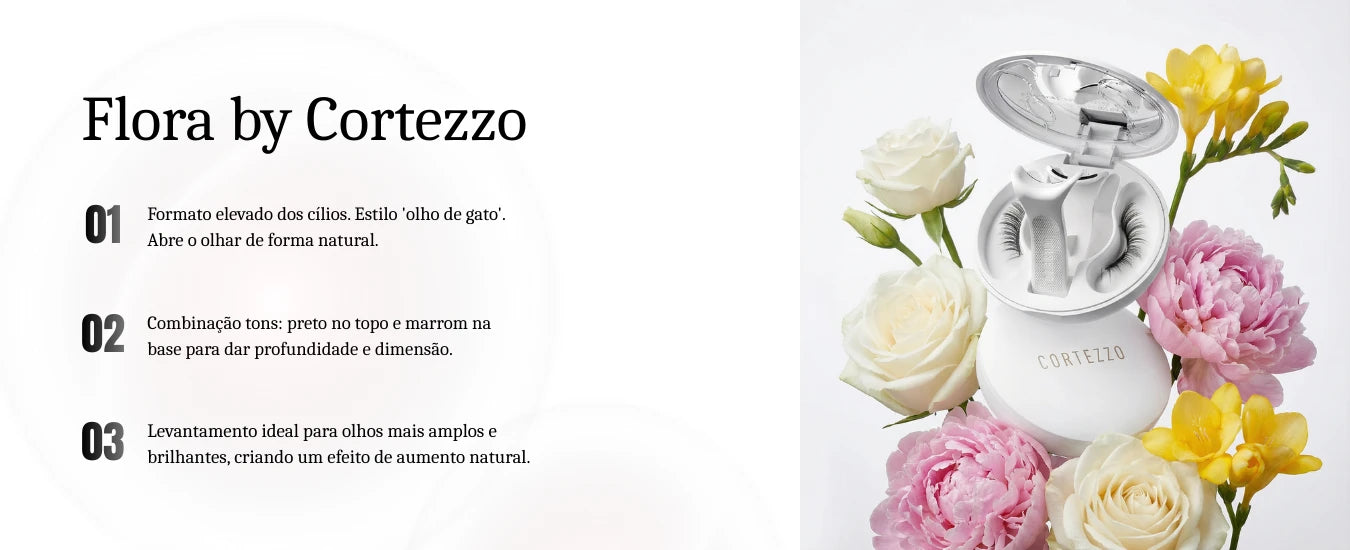 Banner mostrando cílios magnéticos com embalagem, com flores delicadas ao fundo, destacando a elegância e naturalidade do produto.