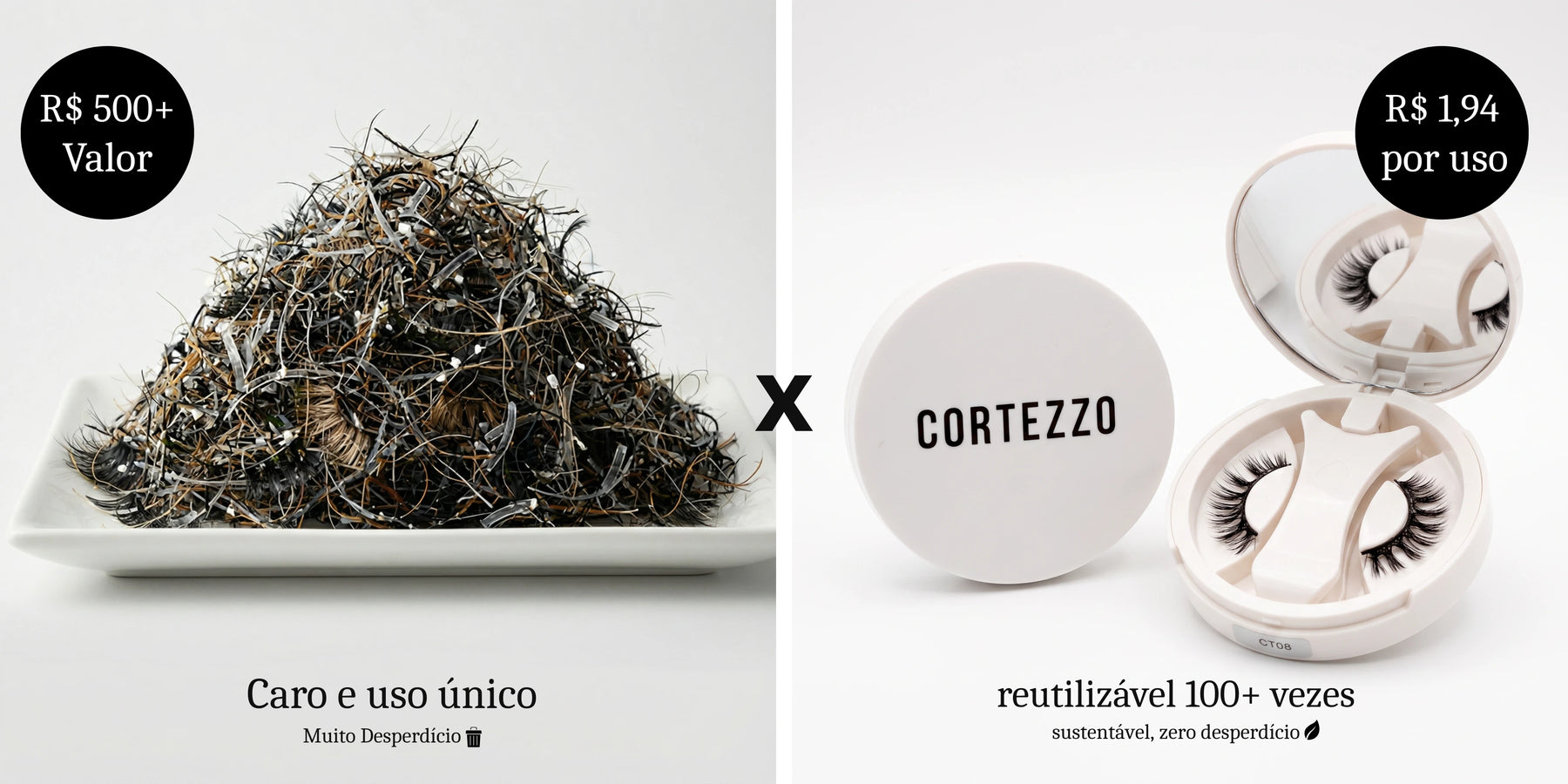 Banner comparando cílios descartados, simbolizando alto custo, com os cílios magnéticos Cortezzo ao lado, mostrando uma opção mais acessível e de alta qualidade.