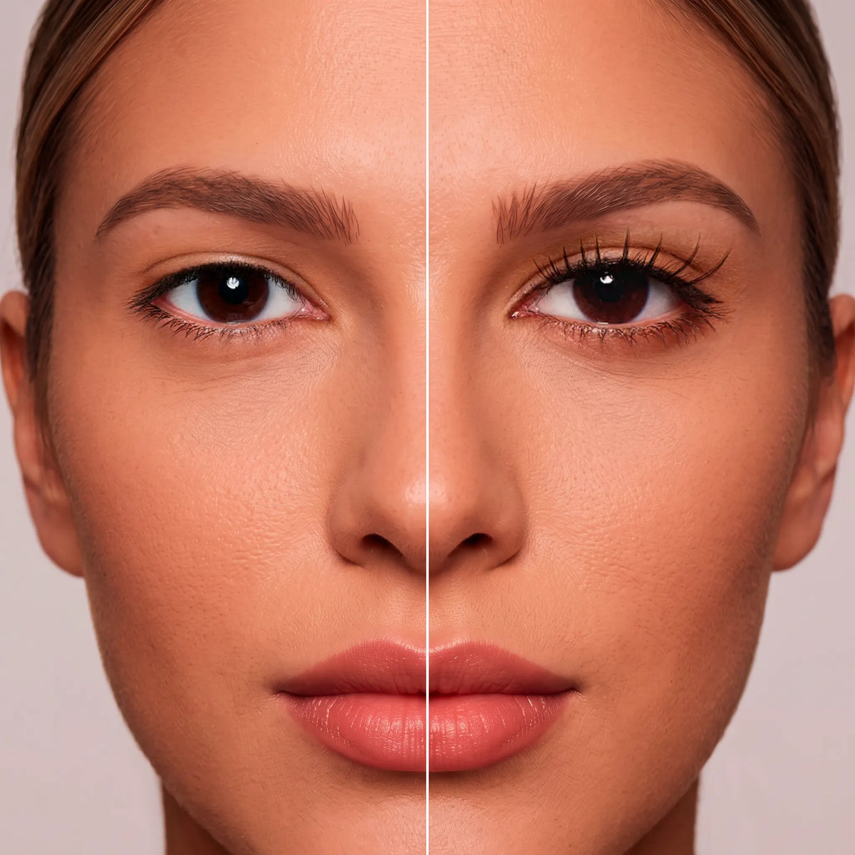 Antes e depois dos cílios magnéticos Cortezzo modelo Aurora, comparação mostrando olhar natural e olhar com volume