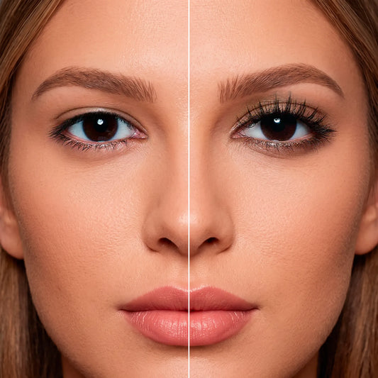 Antes e depois dos cílios magnéticos Cortezzo modelo Jasmim, comparação mostrando olhar natural e olhar com volume