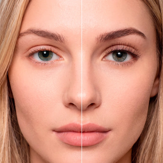 Antes e depois dos cílios magnéticos Cortezzo modelo Margarida, comparação mostrando olhar natural e olhar com volume