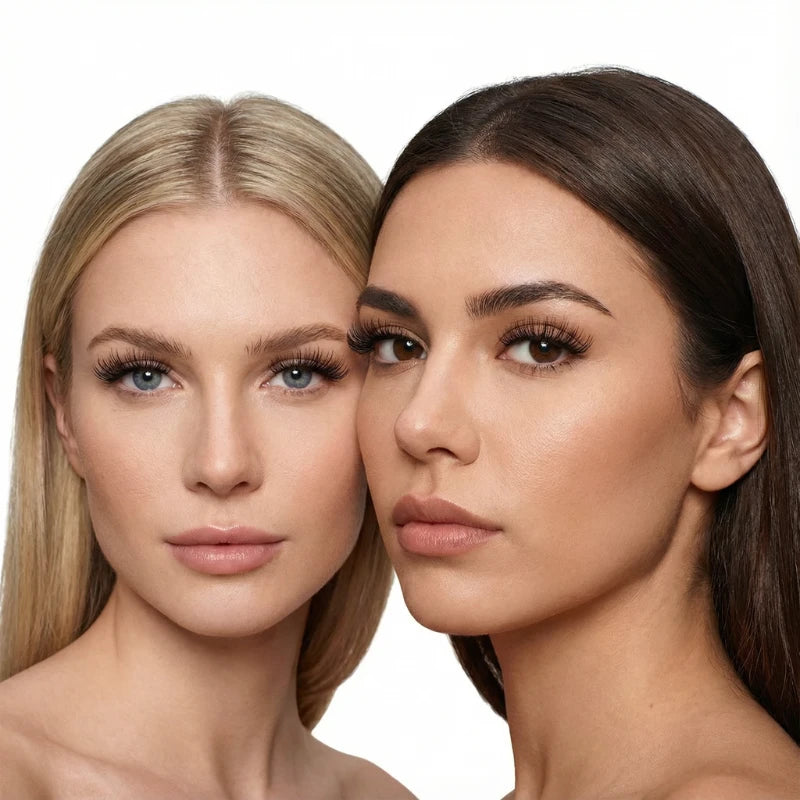 Duas mulheres usando cílios magnéticos modelo Tulipa Cortezzo