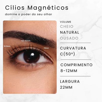 Especificações técnicas dos cílios magnéticos Lótus Cortezzo: volume cheio, curvatura C 50°, comprimento 8-12mm, largura 22mm