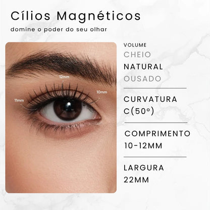 Especificações técnicas dos cílios magnéticos Íris Cortezzo: volume cheio, curvatura C 50°, comprimento 10-12mm, largura 22mm