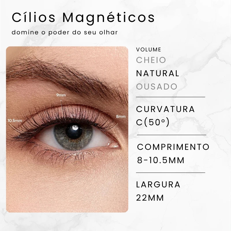 Especificações técnicas dos cílios magnéticos Margarida Cortezzo: volume cheio, curvatura C 50°, comprimento 8-10.5mm, largura 22mm