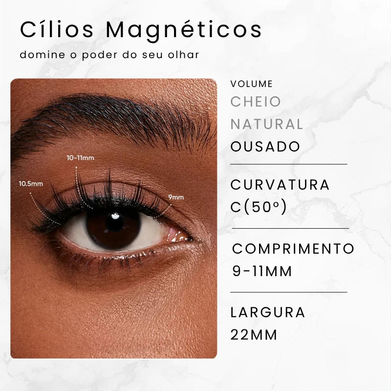 Especificações técnicas dos cílios magnéticos Violeta Cortezzo: volume cheio, curvatura C 50°, comprimento 9-12mm, largura 22mm
