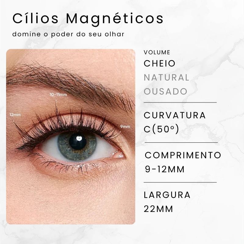 Especificações técnicas dos cílios magnéticos Camélia Cortezzo: volume cheio, curvatura C 50°, comprimento 9-12mm, largura 22mm
