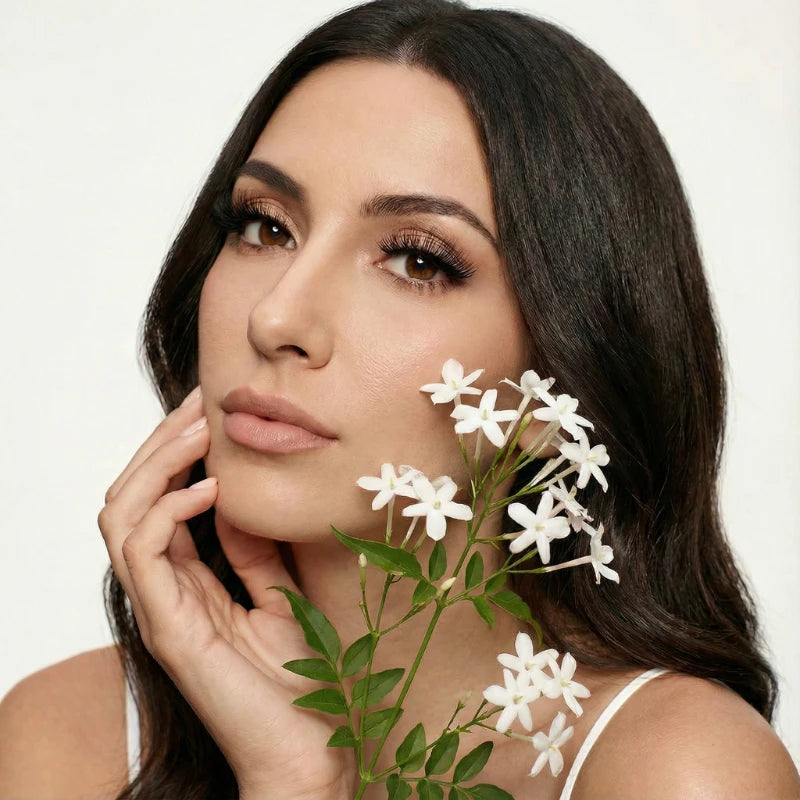 Mulher segurando flor de jasmim usando cílios magnéticos Cortezzo