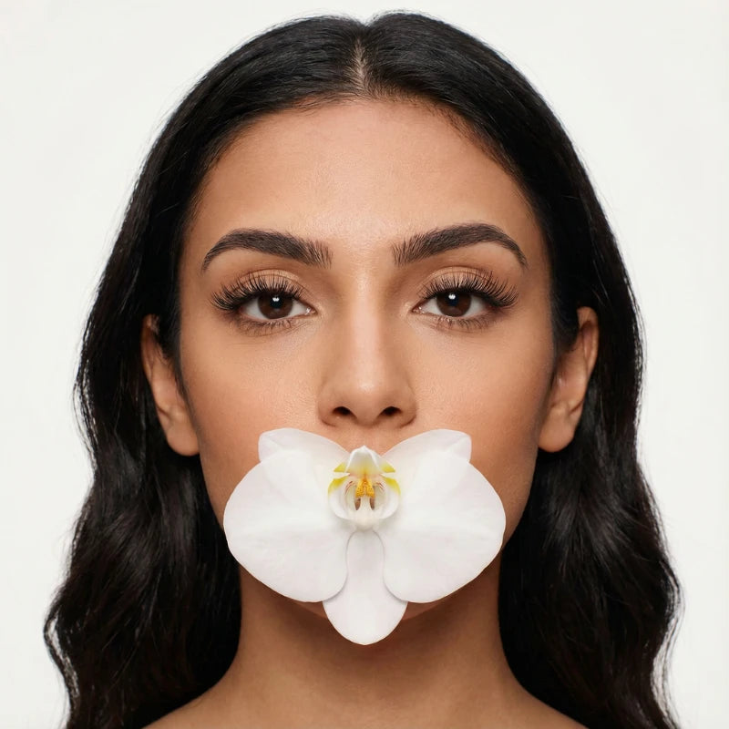Mulher segurando orquídea usando cílios magnéticos Cortezzo