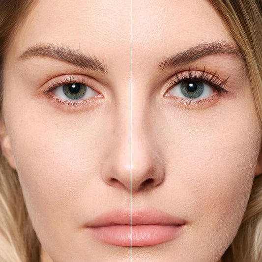 Antes e depois dos cílios magnéticos Cortezzo modelo Camélia, comparação mostrando olhar natural e olhar com volume