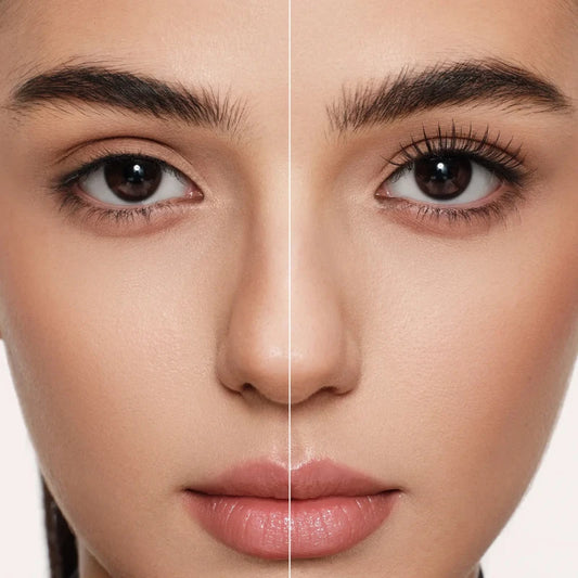 Antes e depois dos cílios magnéticos Cortezzo modelo Íris, comparação mostrando olhar natural e olhar com volume