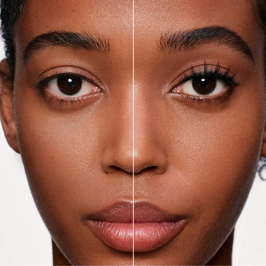 Antes e depois dos cílios magnéticos Cortezzo modelo Violeta, comparação mostrando olhar natural e olhar com volume
