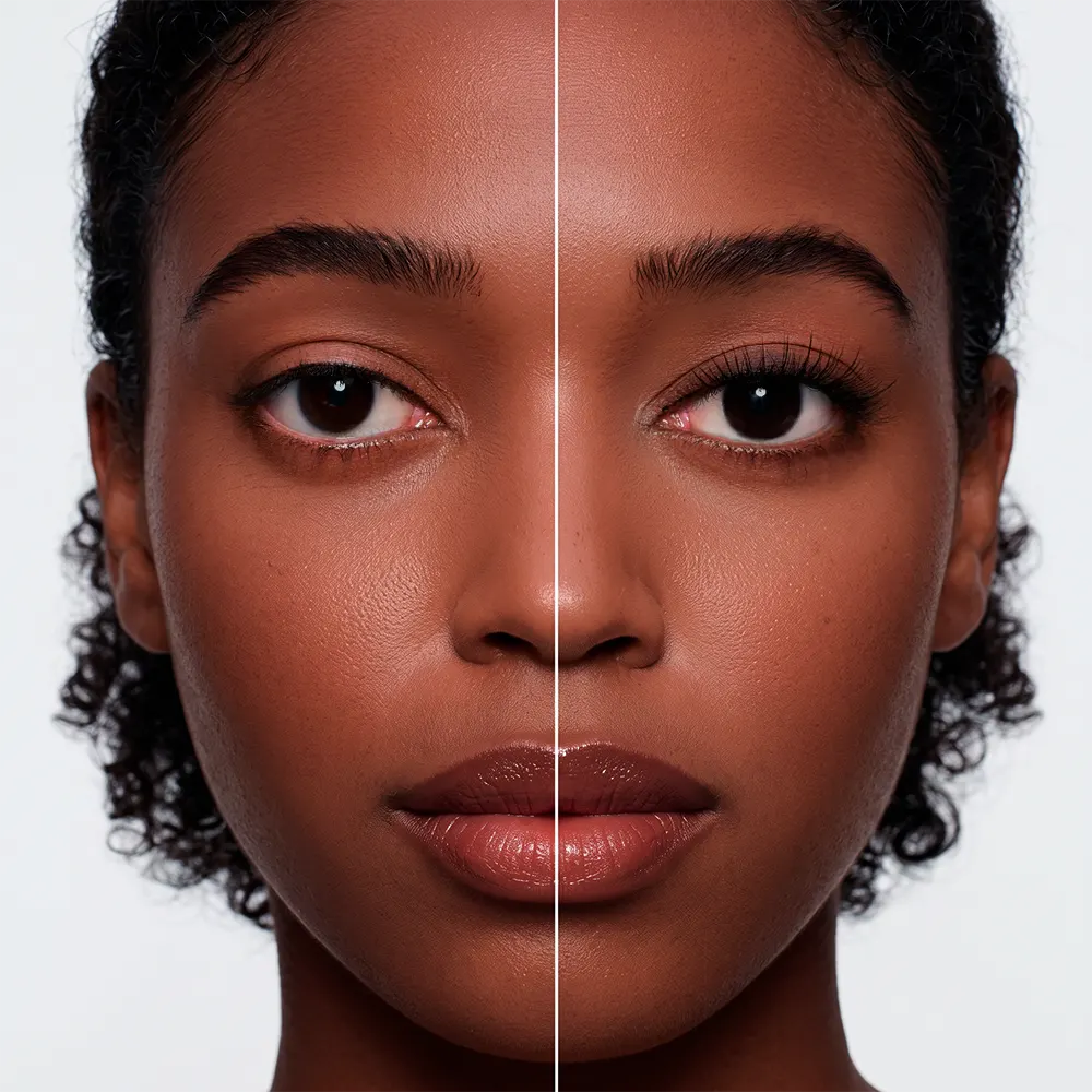 Antes e depois dos cílios magnéticos Cortezzo modelo Clara, comparação mostrando olhar natural e olhar com volume