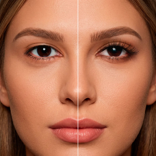 Antes e depois dos cílios magnéticos Cortezzo modelo Lírio, comparação mostrando olhar natural e olhar com volume