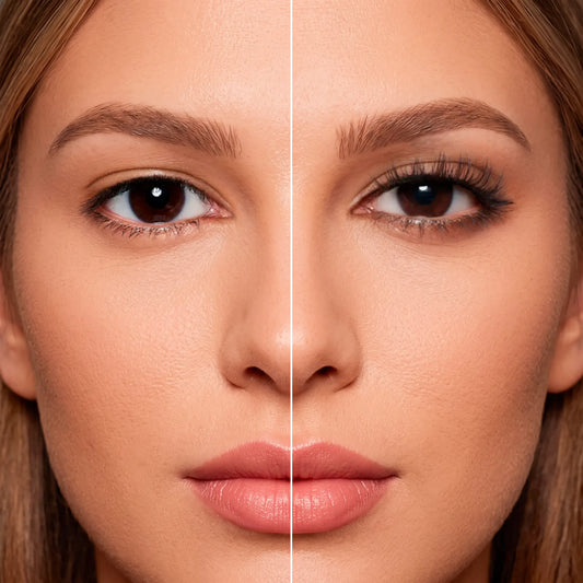 Antes e depois dos cílios magnéticos Cortezzo modelo Luna, comparação mostrando olhar natural e olhar com volume
