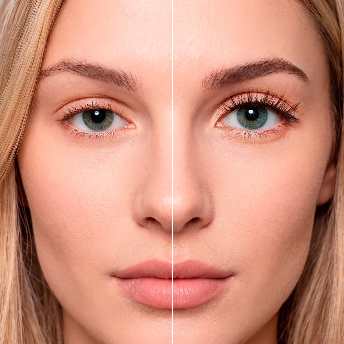 Antes e depois dos cílios magnéticos Cortezzo modelo Camélia, comparação mostrando olhar natural e olhar com volume