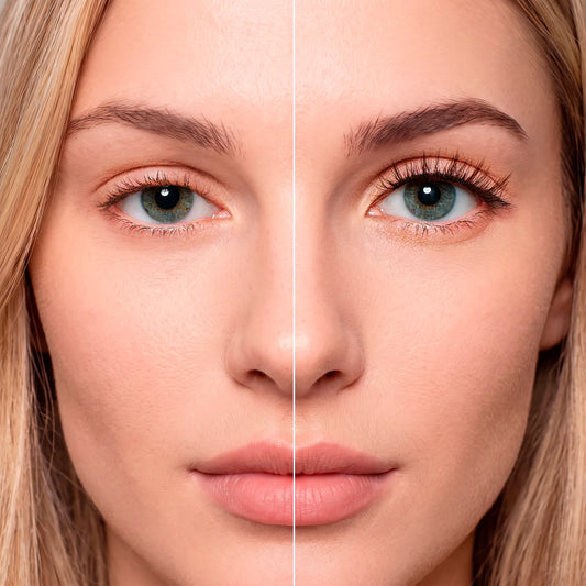Antes e depois dos cílios magnéticos Cortezzo modelo Camélia, comparação mostrando olhar natural e olhar com volume