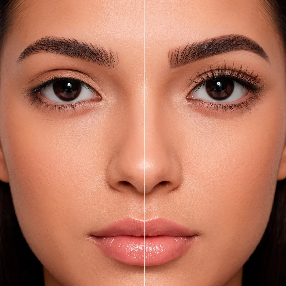 Antes e depois dos cílios magnéticos Cortezzo modelo Íris, comparação mostrando olhar natural e olhar com volume