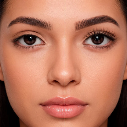 Antes e depois dos cílios magnéticos Cortezzo modelo Íris, comparação mostrando olhar natural e olhar com volume
