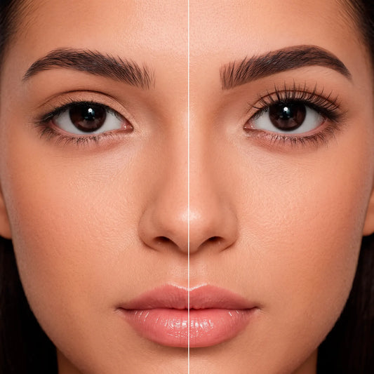 Antes e depois dos cílios magnéticos Cortezzo modelo Íris, comparação mostrando olhar natural e olhar com volume