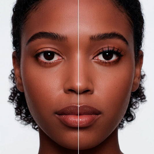 Antes e depois dos cílios magnéticos Cortezzo modelo Violeta, comparação mostrando olhar natural e olhar com volume