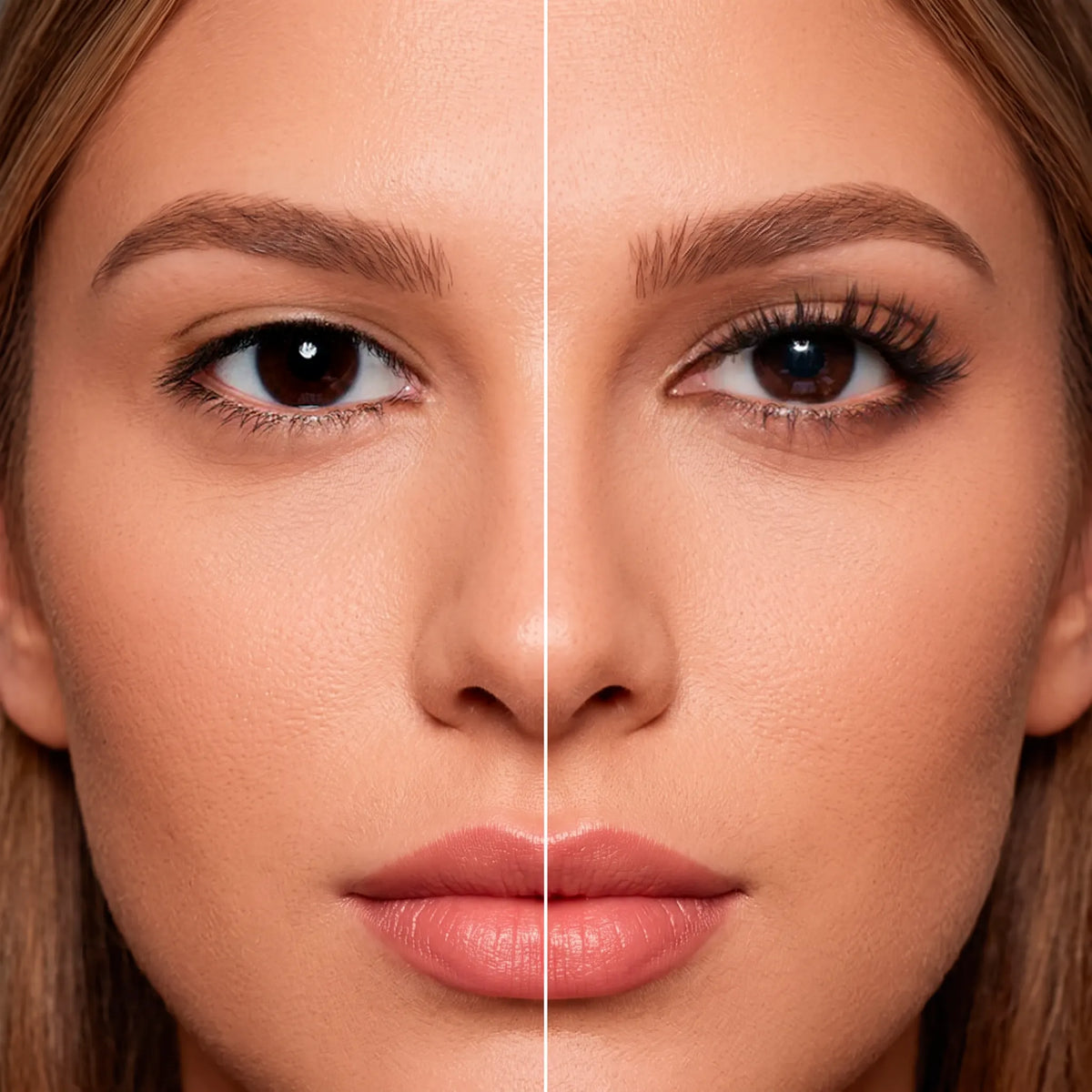Antes e depois dos cílios magnéticos Cortezzo modelo Orquídea, comparação mostrando olhar natural e olhar com volume