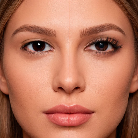 Antes e depois dos cílios magnéticos Cortezzo modelo Orquídea, comparação mostrando olhar natural e olhar com volume