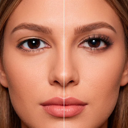 Antes e depois dos cílios magnéticos Cortezzo modelo Tulipa, comparação mostrando olhar natural e olhar com volume