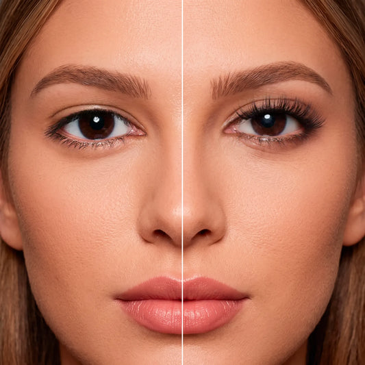 Antes e depois dos cílios magnéticos Cortezzo modelo Tulipa, comparação mostrando olhar natural e olhar com volume