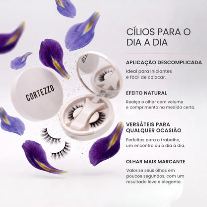 Cílios magnéticos Cortezzo Íris com estojo, destacando aplicação descomplicada, efeito natural e versatilidade para o dia a dia