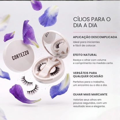 Cílios magnéticos Cortezzo Lótus com estojo, destacando aplicação descomplicada, efeito natural e versatilidade para o dia a dia