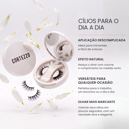 Cílios magnéticos Cortezzo Margarida com estojo, destacando aplicação descomplicada, efeito natural e versatilidade para o dia a dia
