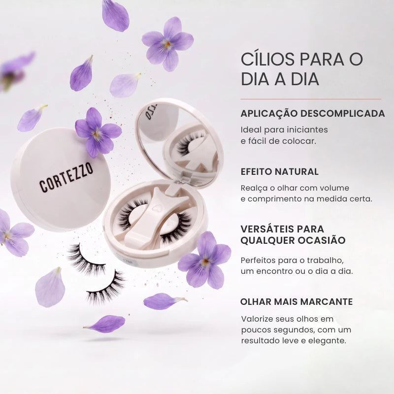 Cílios magnéticos Cortezzo Violeta com estojo, destacando aplicação descomplicada, efeito natural e versatilidade para o dia a dia