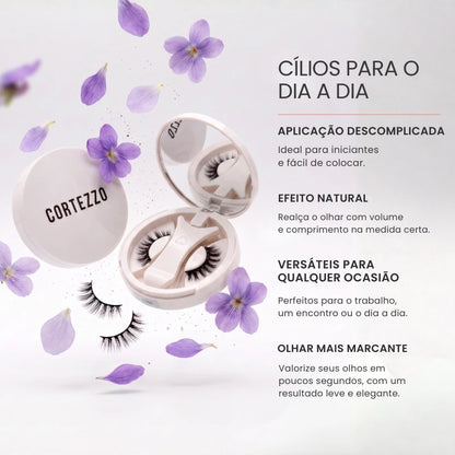 Cílios magnéticos Cortezzo Violeta com estojo, destacando aplicação descomplicada, efeito natural e versatilidade para o dia a dia