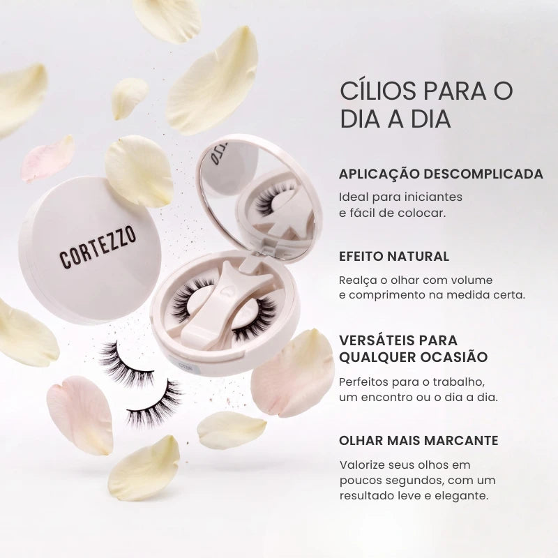 Cílios magnéticos Cortezzo Camélia com estojo, destacando aplicação descomplicada, efeito natural e versatilidade para o dia a dia
