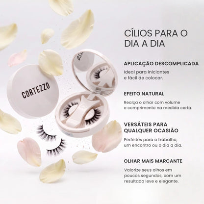 Cílios magnéticos Cortezzo Camélia com estojo, destacando aplicação descomplicada, efeito natural e versatilidade para o dia a dia